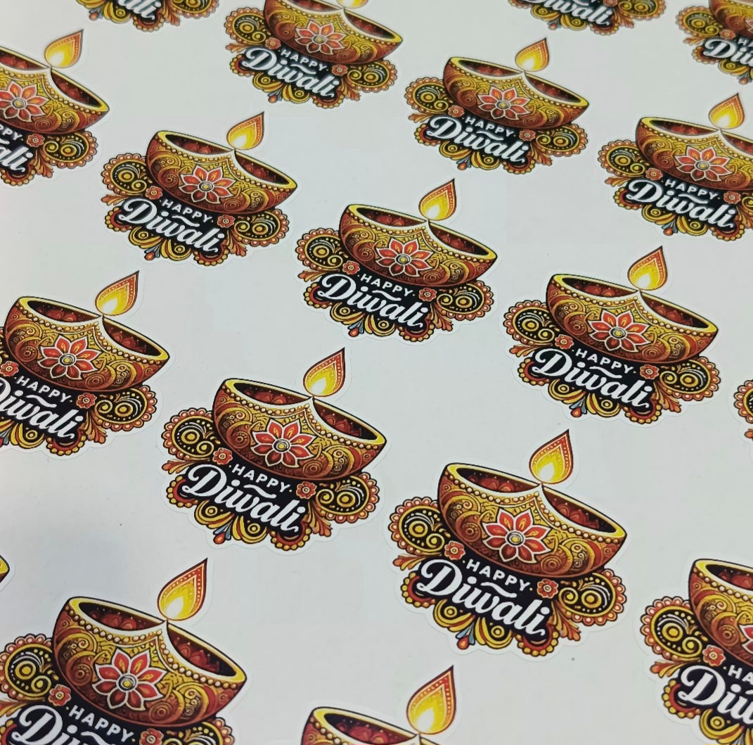 Diya Shape HAPPY DIWALI Stickers Sheet