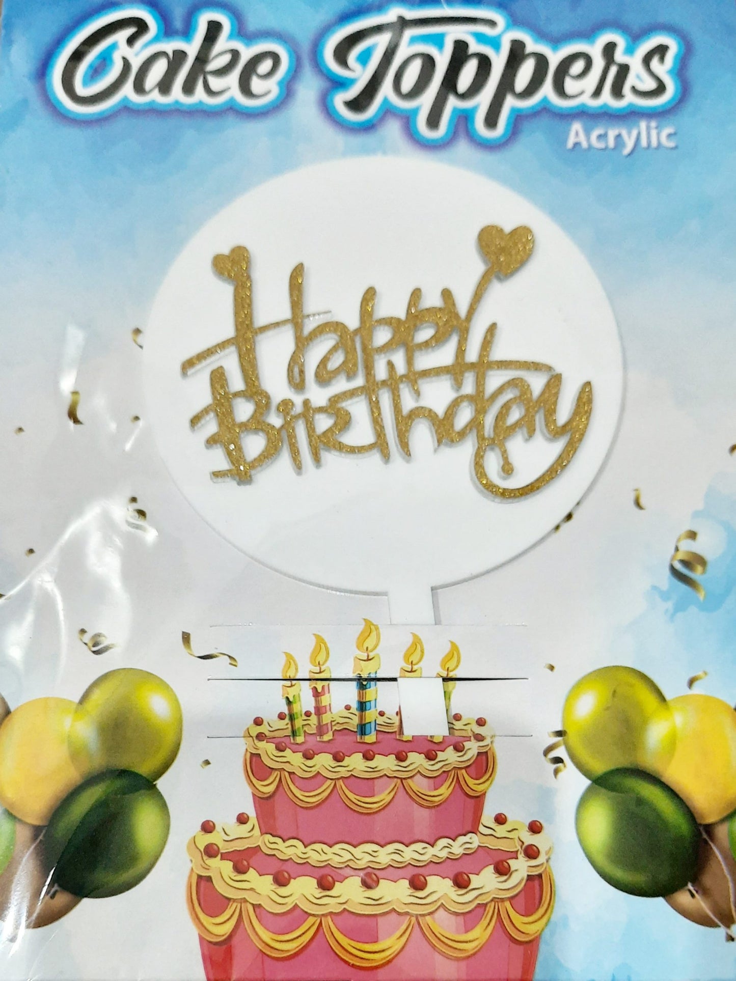 Happy Birthday White Round Shape Acrylic Cake Topper/Golden Printed Happy Birthday Cake Topper