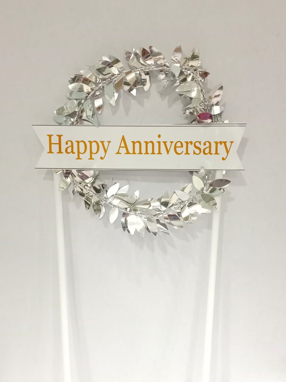 Silver Leaf Wreath Happy Anniversary Cake Topper