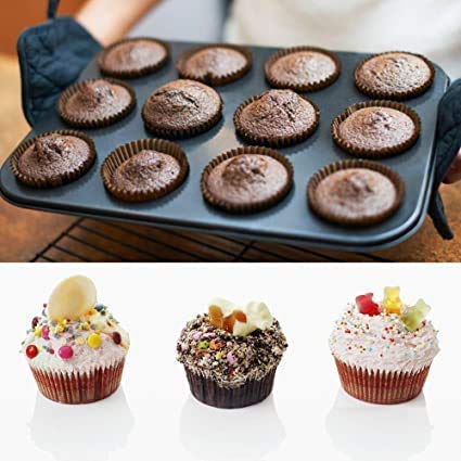 12 Cups Non Stick Muffin Baking Tray (Big) (Black)
