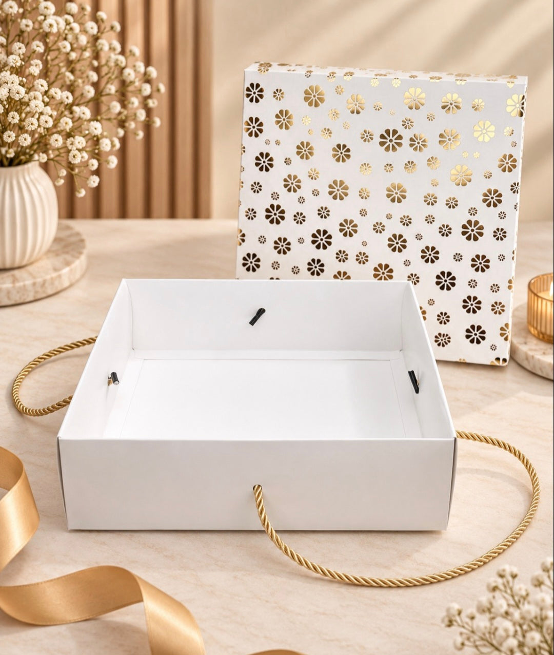 HAMPER BOX WITH GOLD FOIL PRINT SIZE 8X8X4 INCHES
