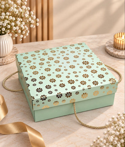 HAMPER BOX WITH GOLD FOIL PRINT SIZE 8X8X4 INCHES