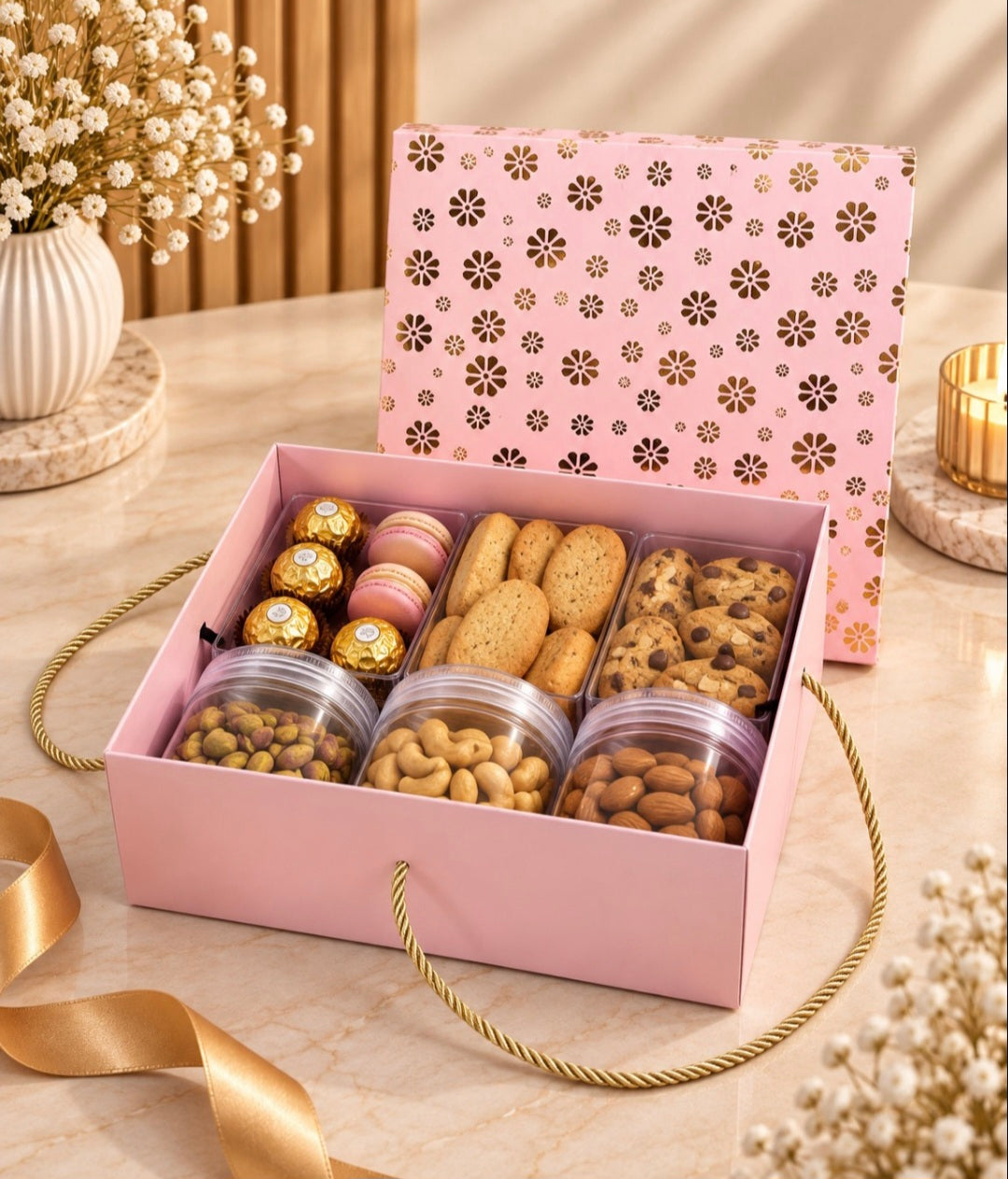 HAMPER BOX WITH GOLD FOIL PRINT SIZE 8X8X4 INCHES