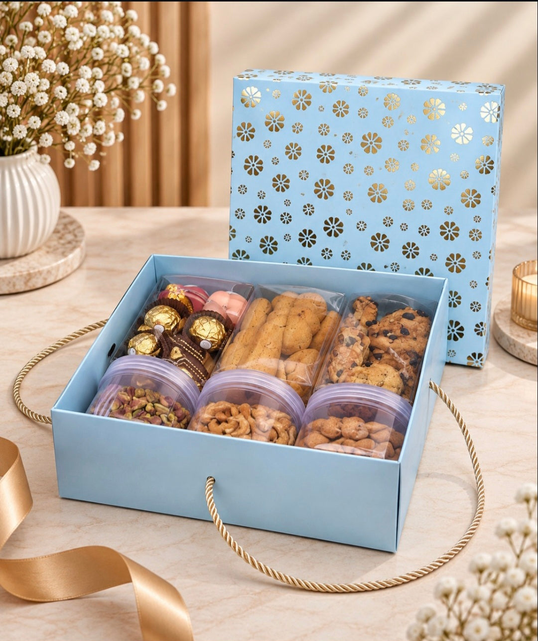HAMPER BOX WITH GOLD FOIL PRINT SIZE 8X8X4 INCHES