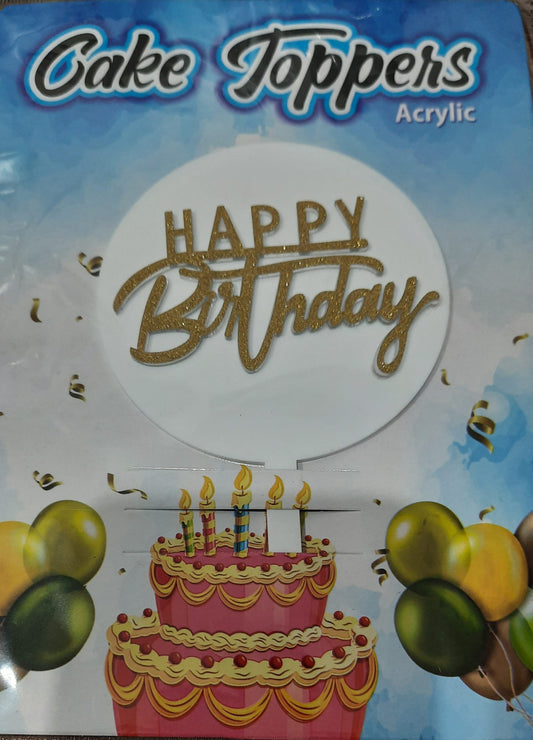 Happy Birthday White Round Shape Acrylic Cake Topper/Golden Printed Happy Birthday Cake Topper