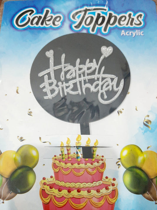 Happy Birthday Round Shape Acrylic Cake Topper/Silver Printed Happy Birthday Cake Topper
