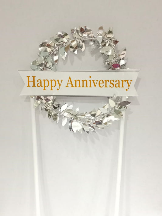 Silver Leaf Wreath Happy Anniversary Cake Topper